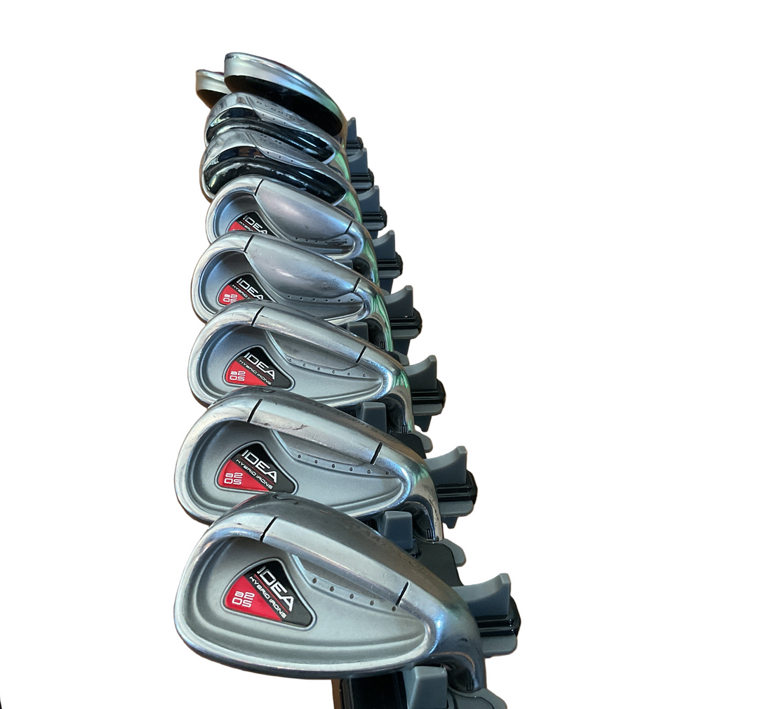 Black and silver golf club set with red accents, likely a callaway brand.