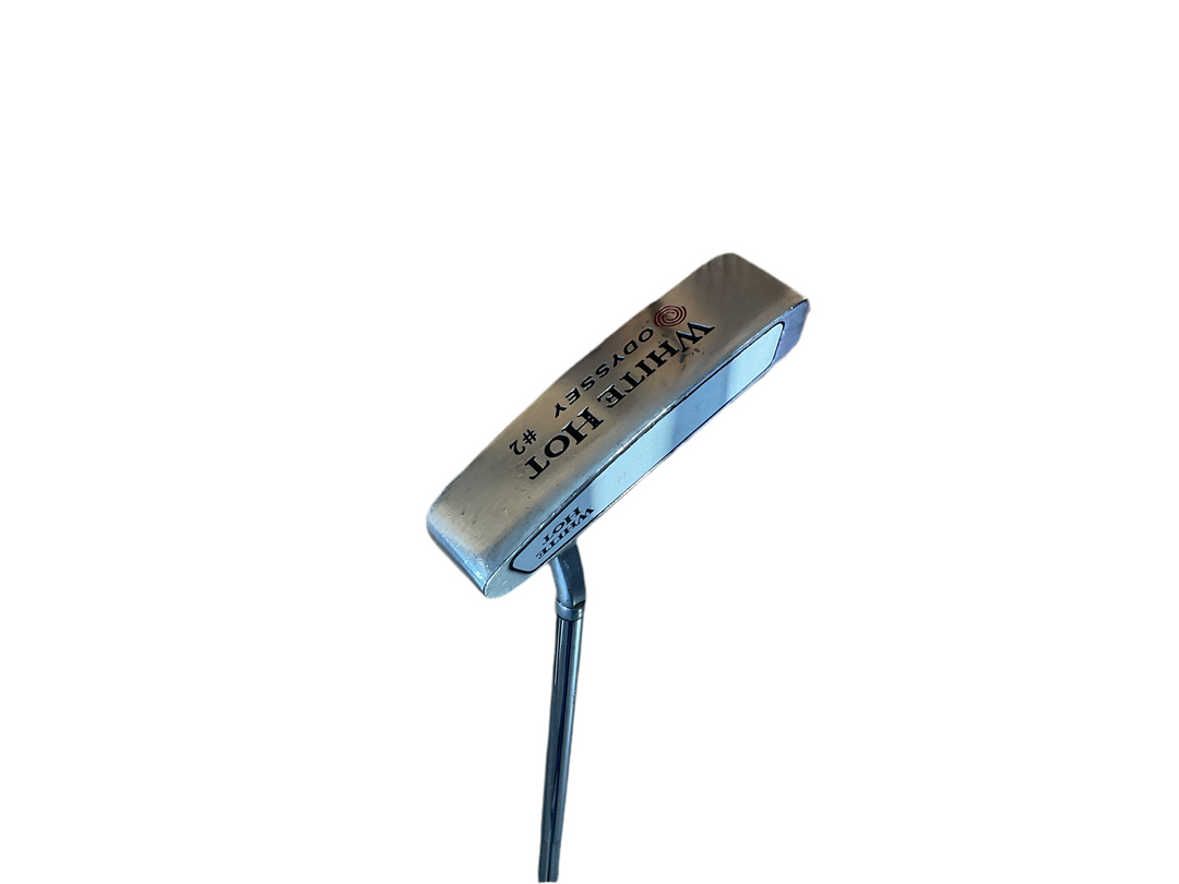 White hot putter golf club with black shaft and silver head.