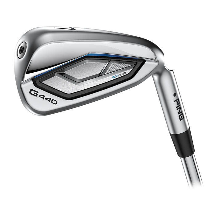Silver ping g440 golf iron with blue accents and a sleek design.