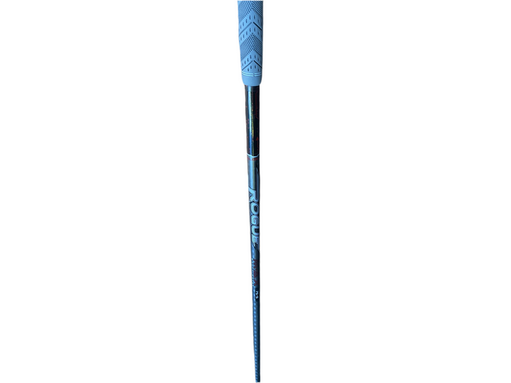 Blue and black golf club grip with textured pattern for better hold.