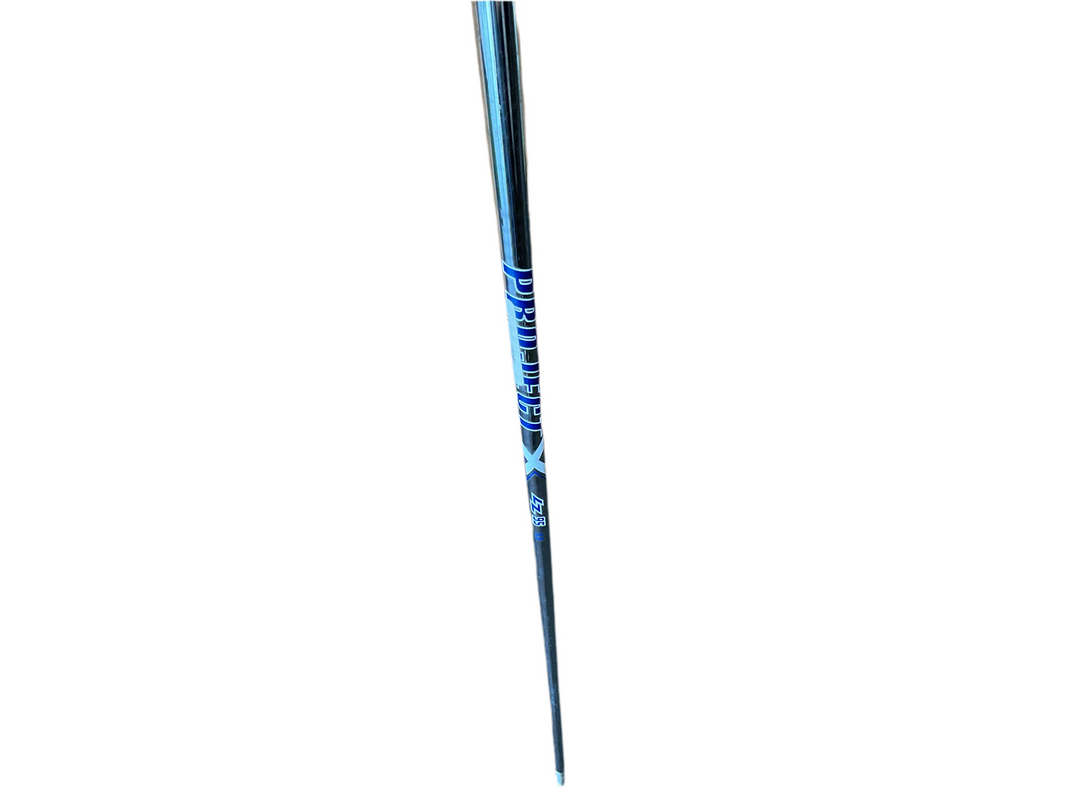 Blue and black golf club shaft with white text ’taylormade’ on the grip.
