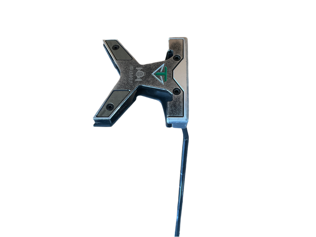 Black and silver putter golf club head with a unique x-shaped design.