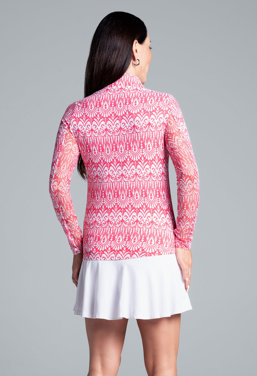 Ibkul Women`s Golf Shirts | Barbara Long Sleeve Zip | Watermelon | White