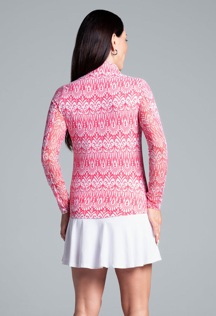 Ibkul Women`s Golf Shirts | Barbara Long Sleeve Zip | Watermelon | White