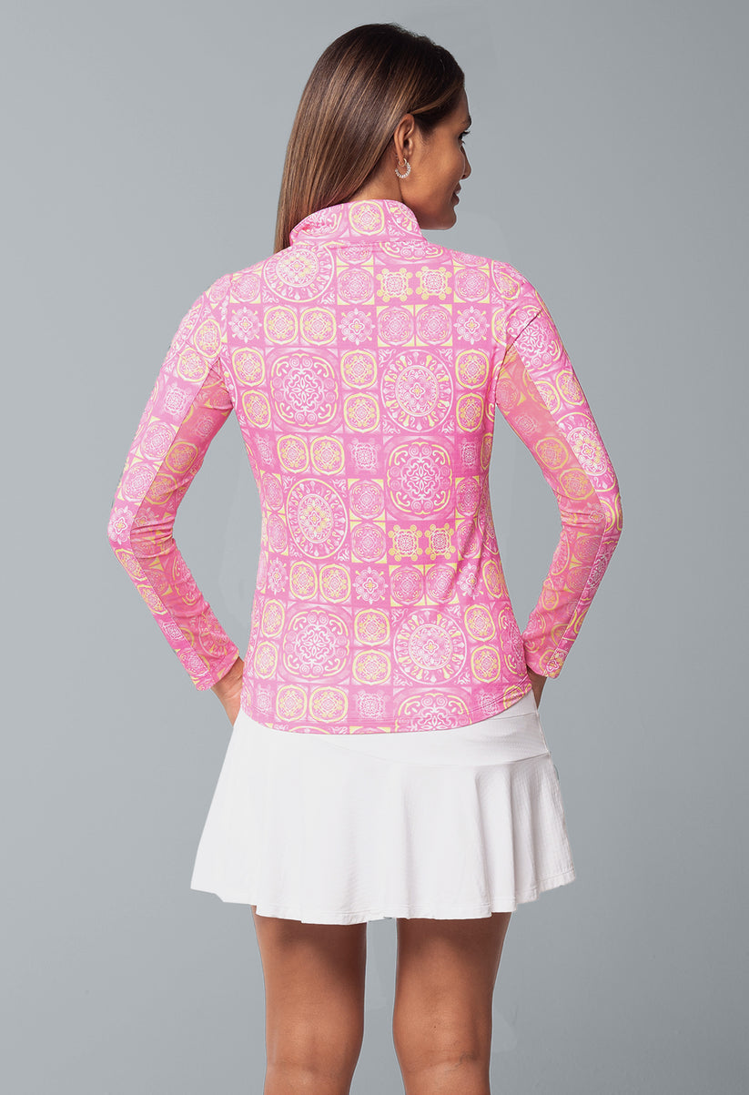 Ibkul Women`s Golf Shirts | Colette Long Sleeve Zip | Mock | Hot Pink/Yellow