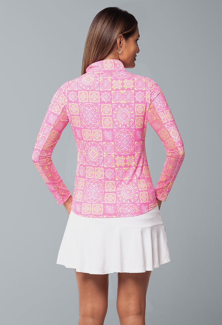 Ibkul Women`s Golf Shirts | Colette Long Sleeve Zip | Mock | Hot Pink/Yellow