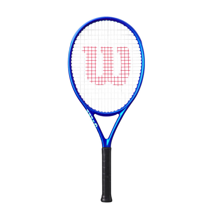 Blue and black Wilson Ultra 26’’ V5 junior tennis racket with red W logo