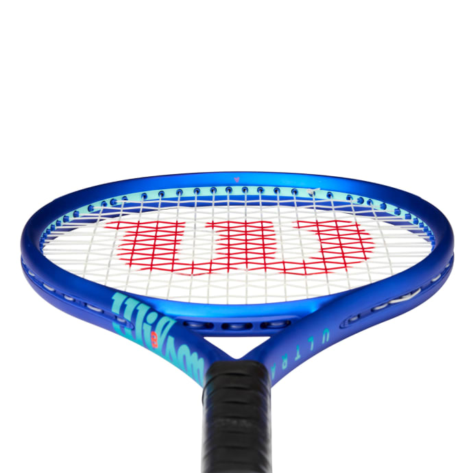 Blue Wilson Ultra 26’’ V5 junior tennis racket with red and white strings
