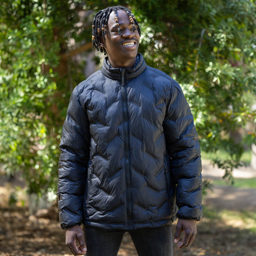 Mens Quantum Puffer Jacket in navy blue quilted design with zipper