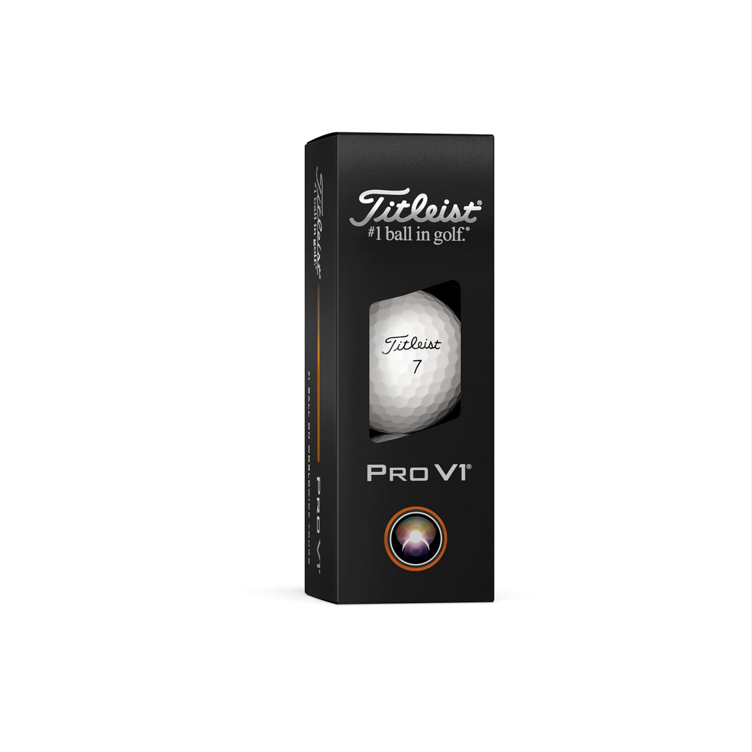 Titleist pro v1 golf ball in black and white packaging.