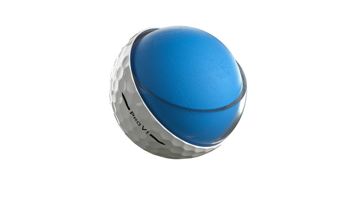 Blue golf ball with dimpled surface and white logo.