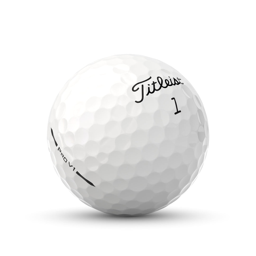 White titleist pro v1 golf ball with black text and logo design.