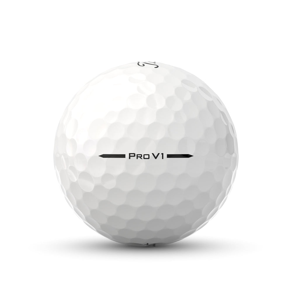 White golf ball with dimpled surface, black ’pro v1’’ text and arrows.