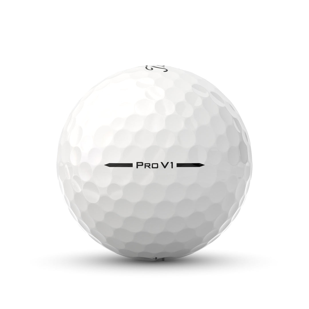 White golf ball with dimpled surface, black ’pro v1’’ text and arrows.