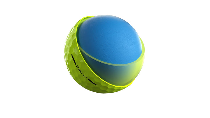 Neon green and blue golf ball with dimpled surface design, likely made of rubber or plastic.