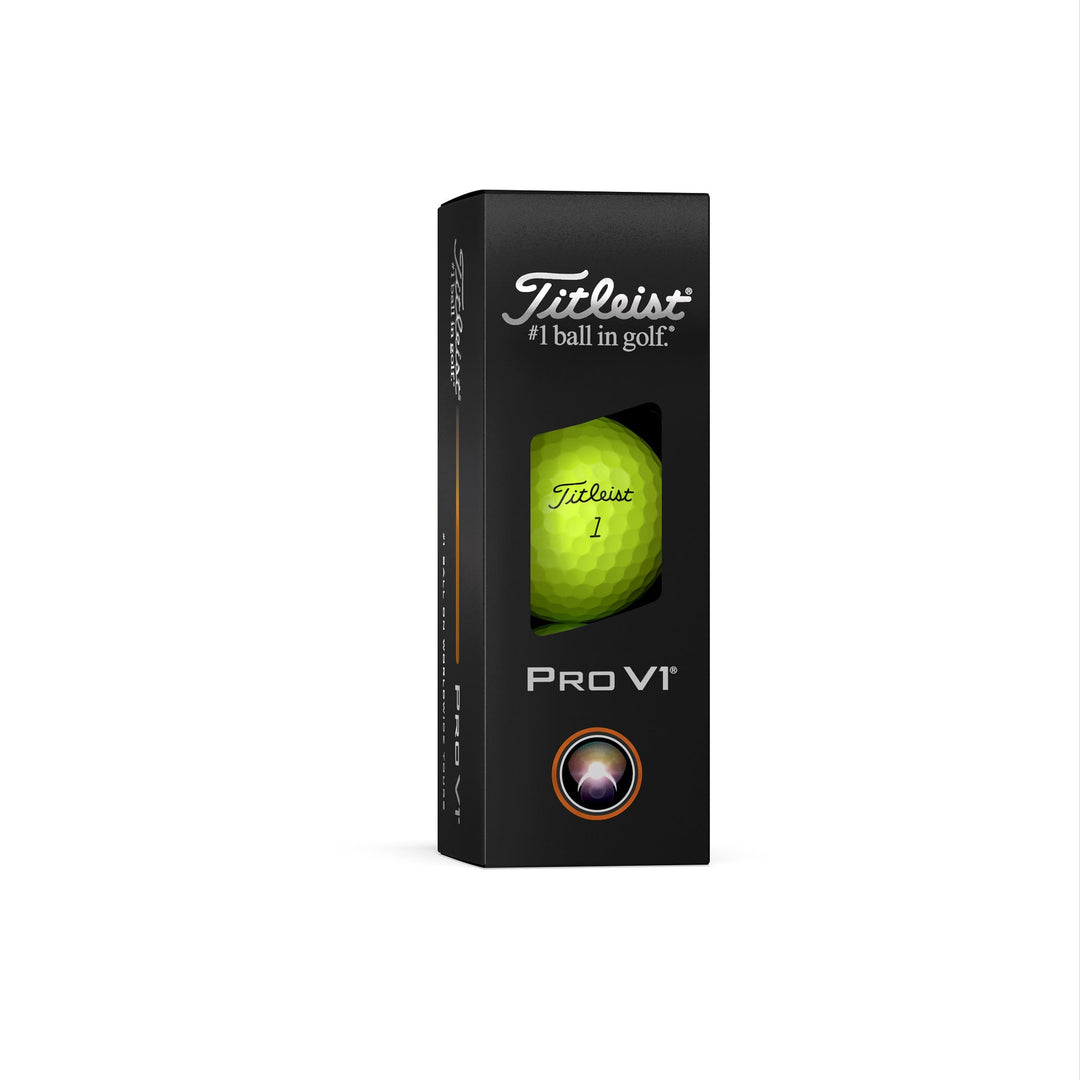 Titleist pro v1 golf ball in black packaging.