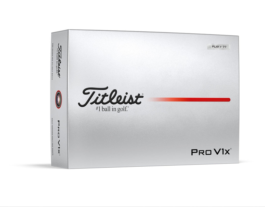 White titleist pro v1x golf ball box with red stripe and black text.