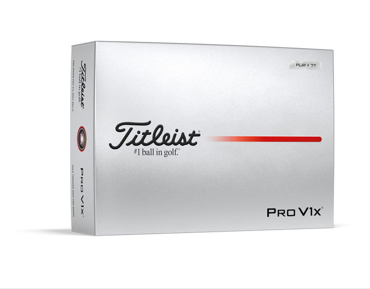 White titleist pro v1x golf ball box with red stripe and black text.