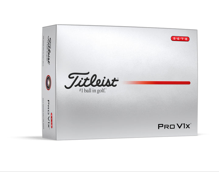 White and silver titleist pro v1x golf ball box with red stripe.