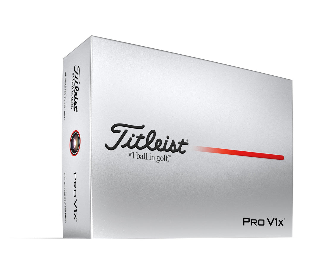 Silver golf ball box with red stripe and ’titleist pro v1x’ branding.