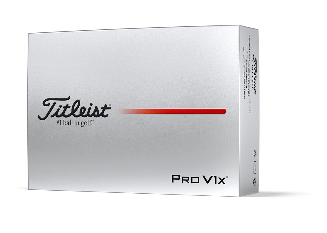White titleist pro v1x golf ball box with red stripe and logo.