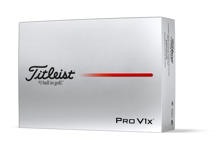 White titleist pro v1x golf ball box with red stripe and logo.