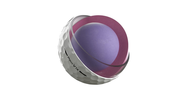 Lavender and white golf ball with a clear plastic cover.