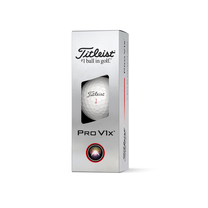 White titleist pro v1x golf ball in a sleek silver box.