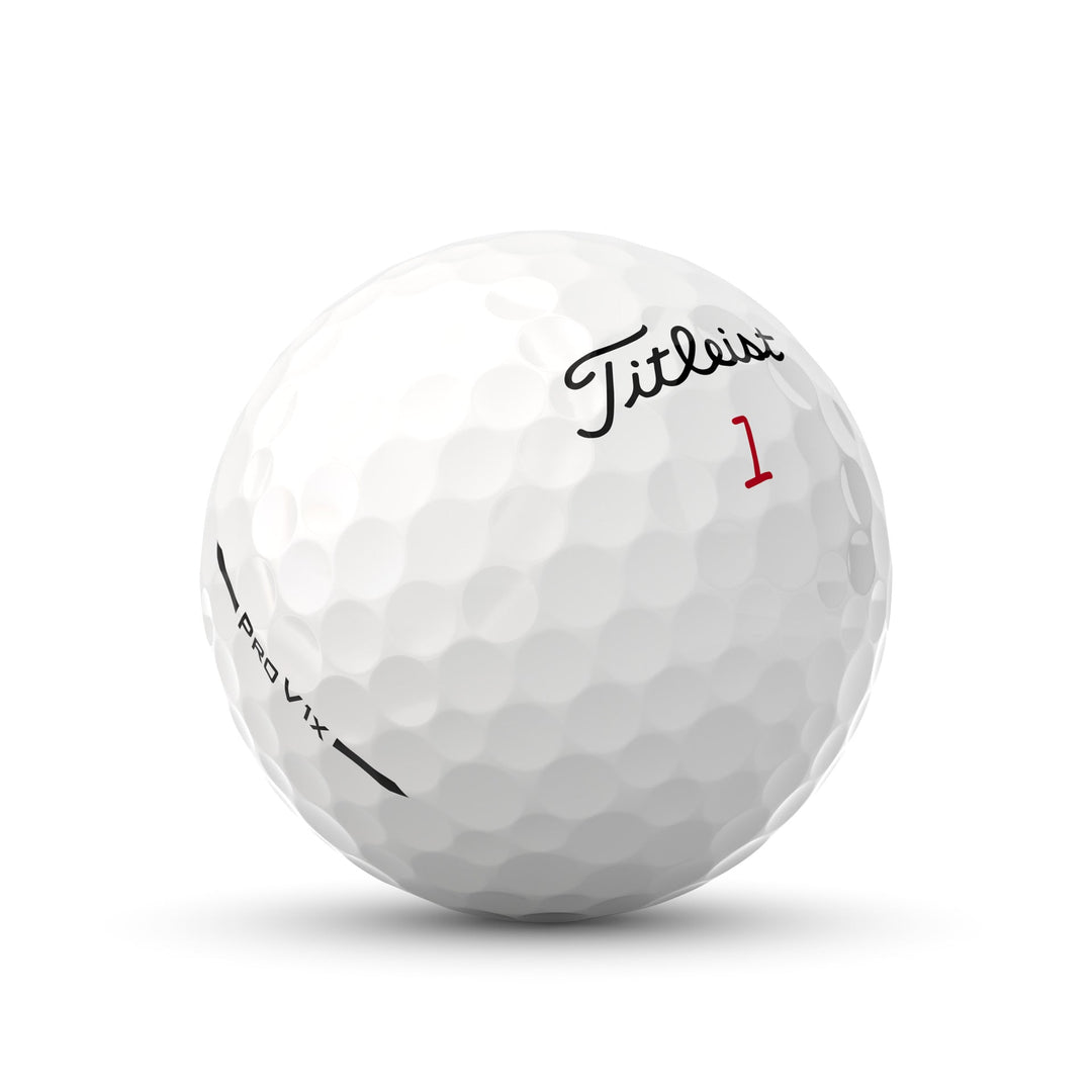 White titleist pro v1x golf ball with red number 1 and black text design.