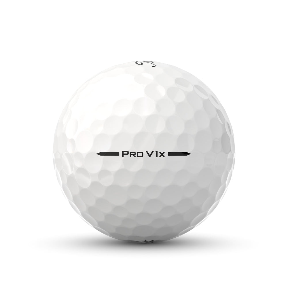 White golf ball with dimpled surface, featuring ’pro v1x’ branding.