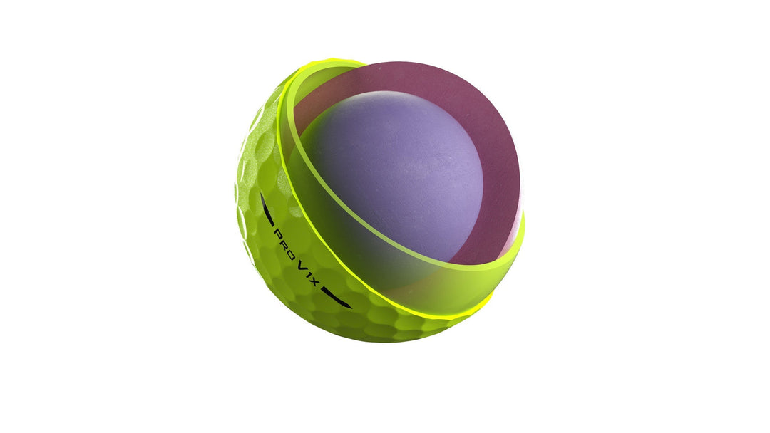 Neon green and purple ball with textured surface, likely made of rubber or plastic.