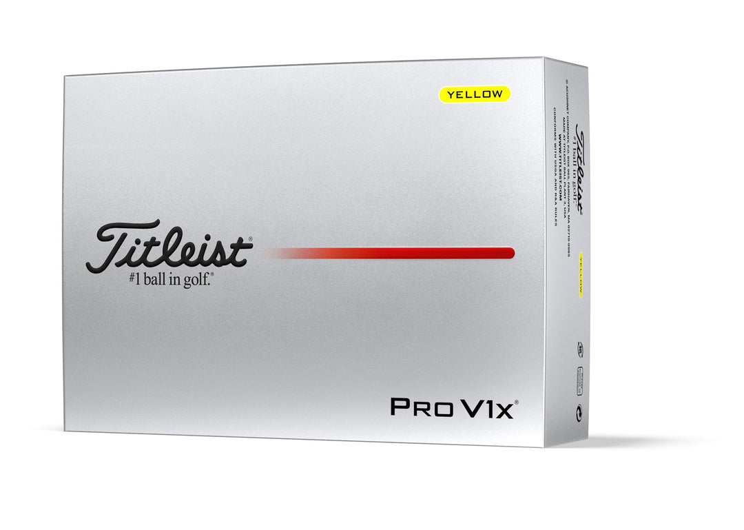 White titleist pro v1x golf ball box with red stripe and yellow label.