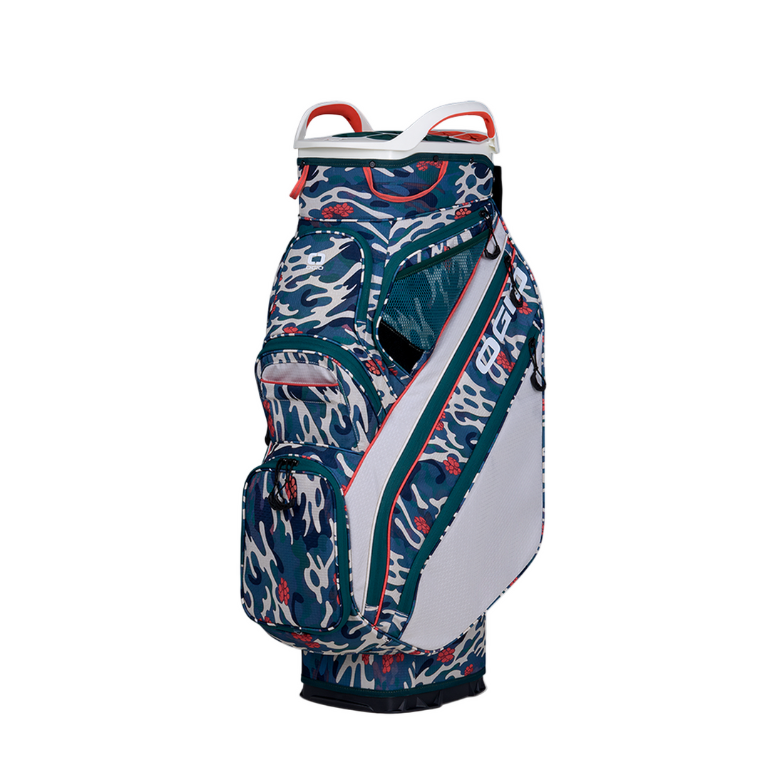 2019 callaway golf cart bag with vibrant ocean wave design, white accents and red zipper.