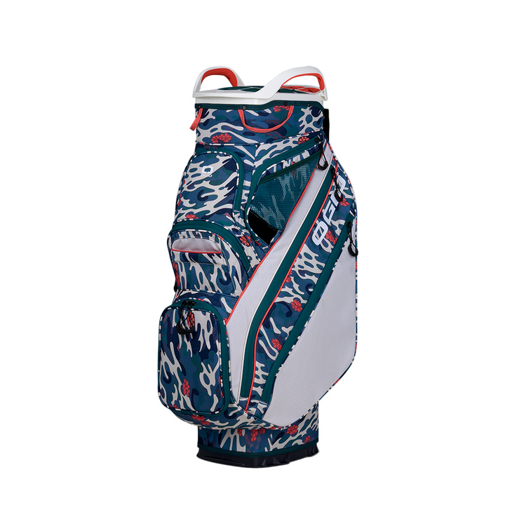 2019 callaway golf cart bag with vibrant ocean wave design, white accents and red zipper.