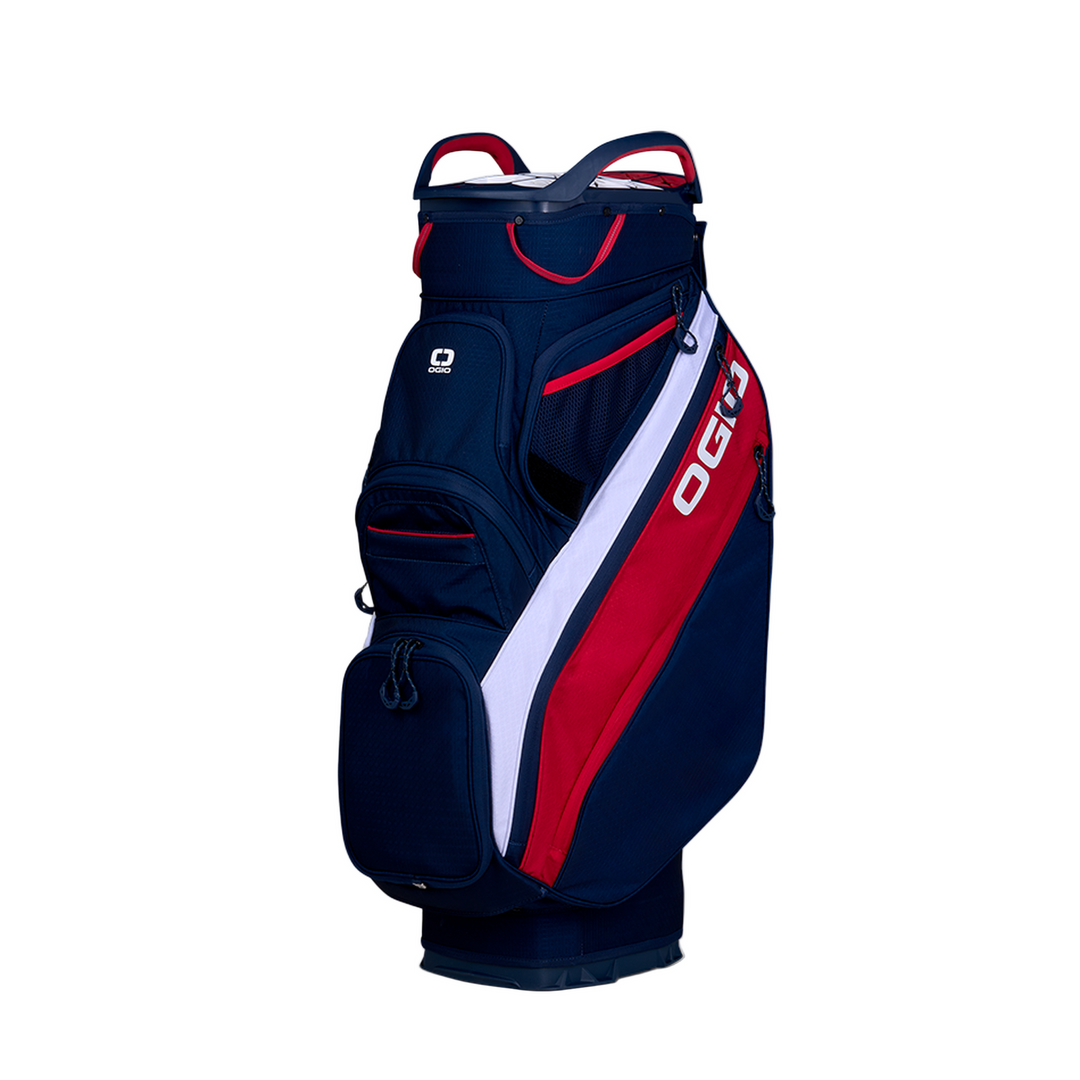 Ogio navy and red golf bag with white accents.
