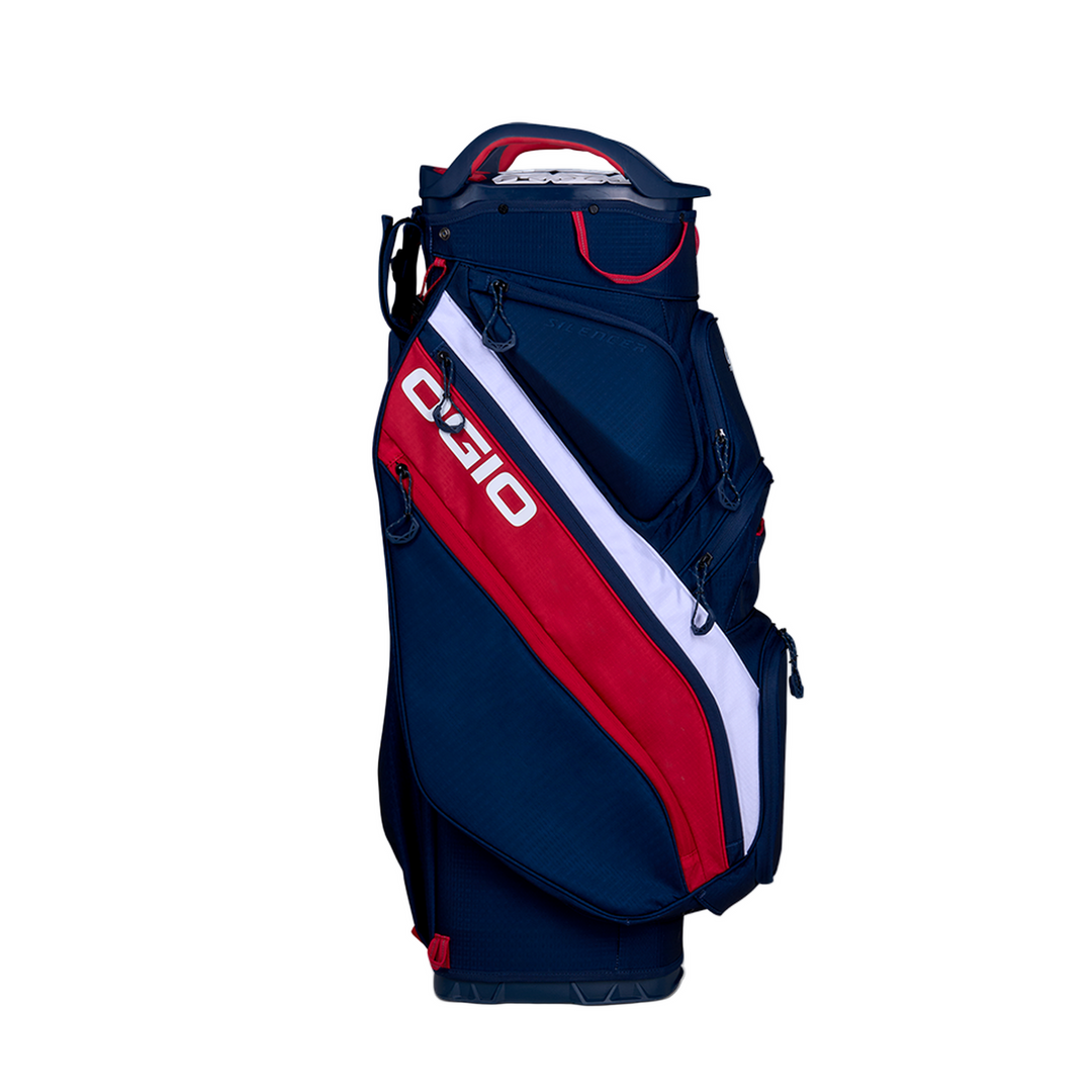 Ogio Silencer cart bag in navy blue with red and white accents