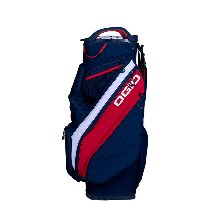 Ogio Silencer cart bag in navy blue with red and white accents