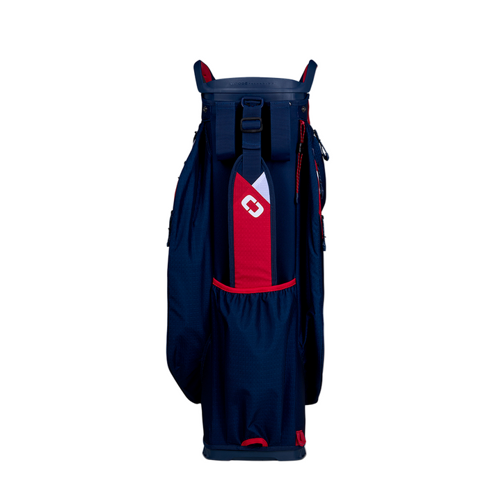 Ogio Silencer cart bag in navy blue with red accents and white logo