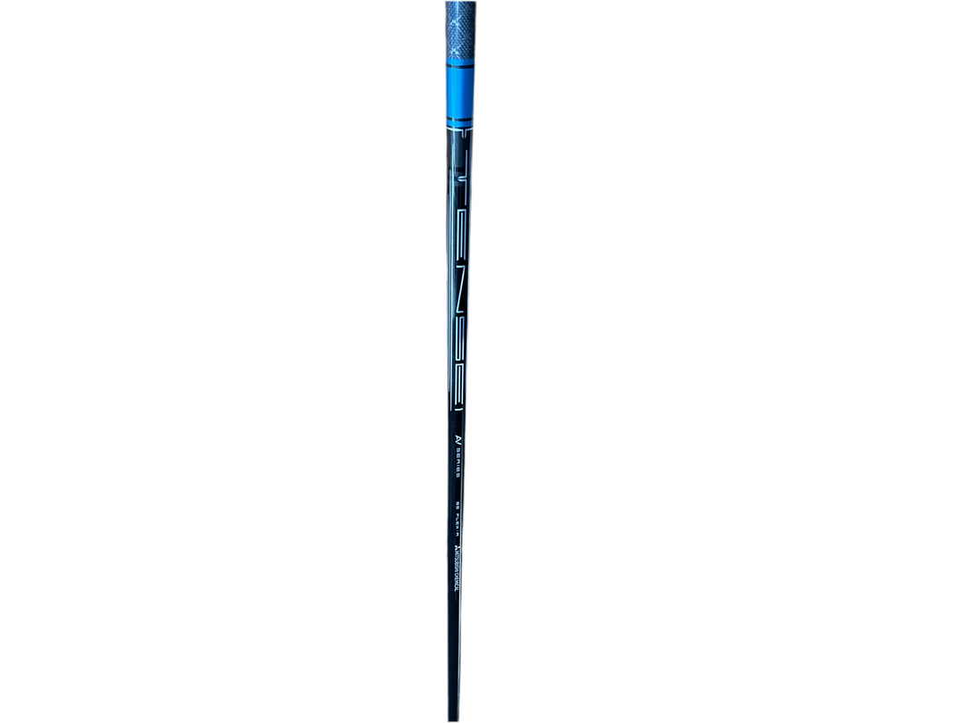 Blue and black golf club with white text on shaft.