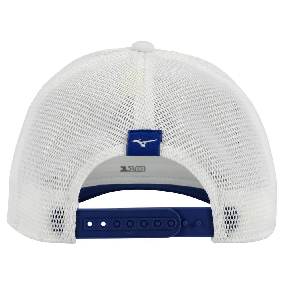 Mizuno Men’s Golf Cap: White Mesh Baseball Hat with Blue Brim and Logo