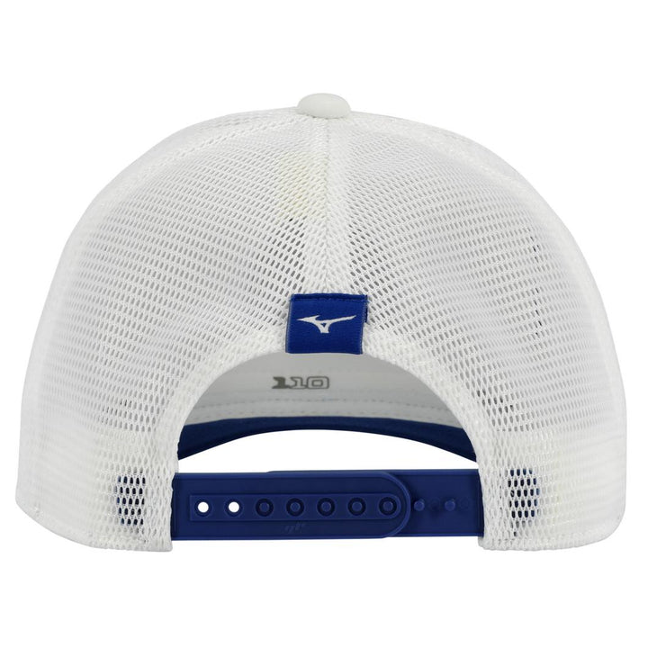 Mizuno Men’s Golf Cap: White Mesh Baseball Hat with Blue Brim and Logo
