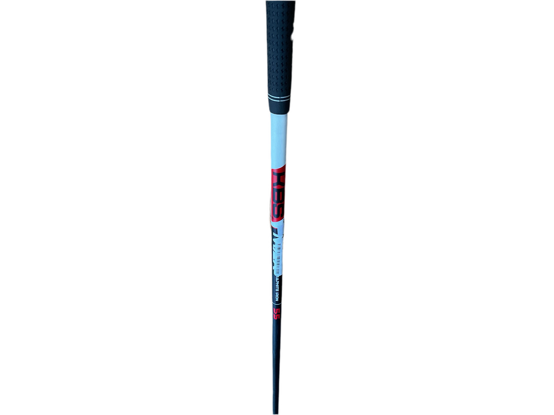 Blue and black golf club with white grip