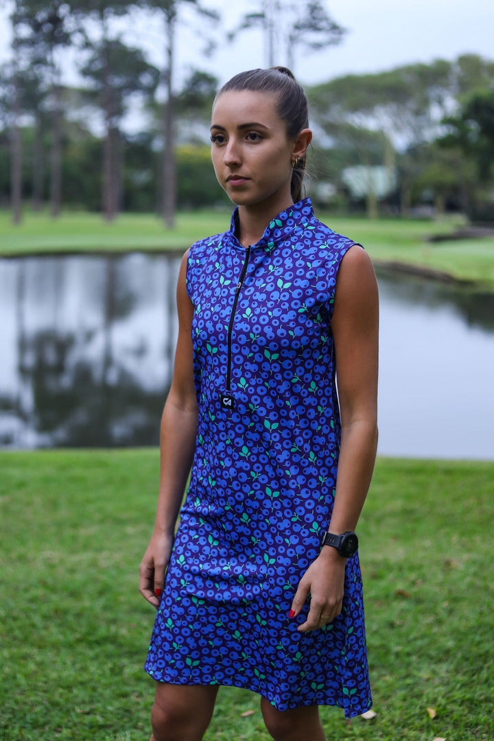 Blue floral sleeveless dress with button-down front and collar, likely made of cotton or polyester blend.