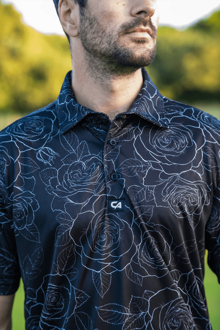 Custom Apparel Men's Funky Golf Shirt | Black/White Roses