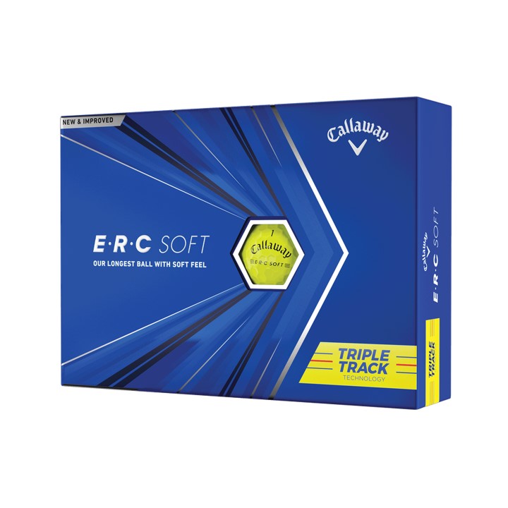 Callaway erc soft golf balls in yellow and white with triple track design.
