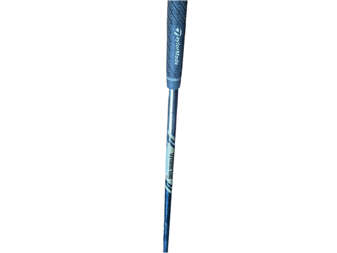 Blue and gray golf club with textured grip, taylormade brand logo.