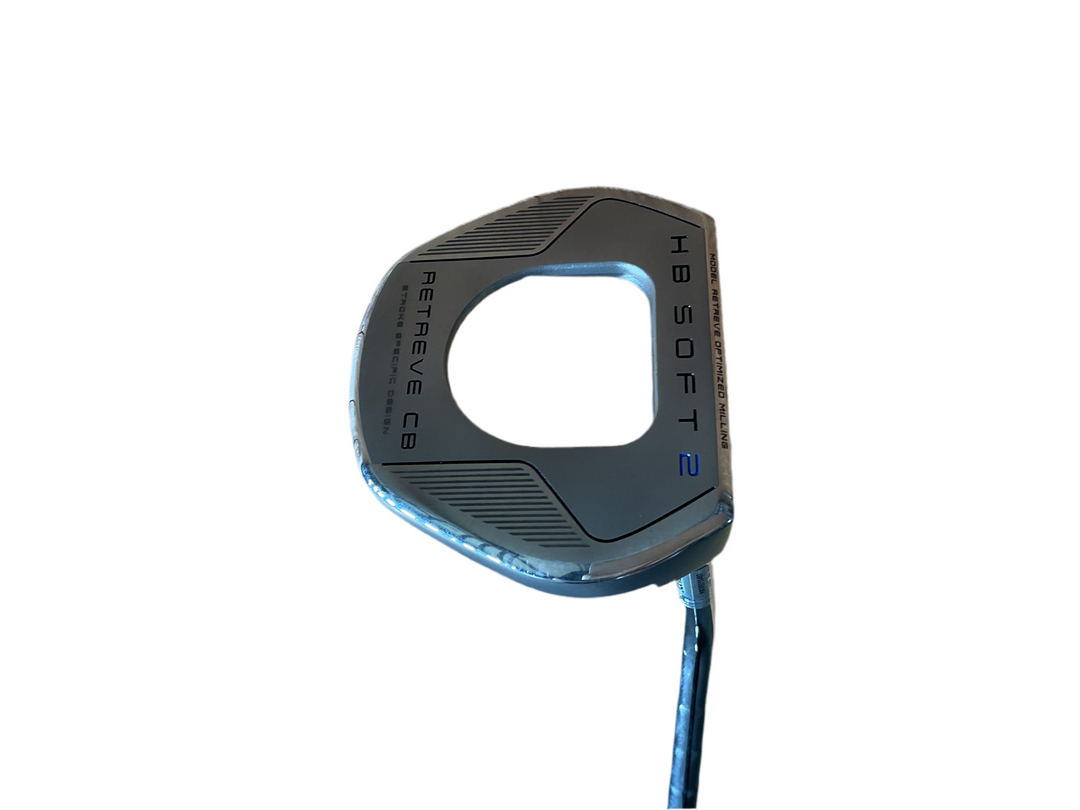 Black and blue golf putter with a unique design featuring ’hesoft 2’’ text.