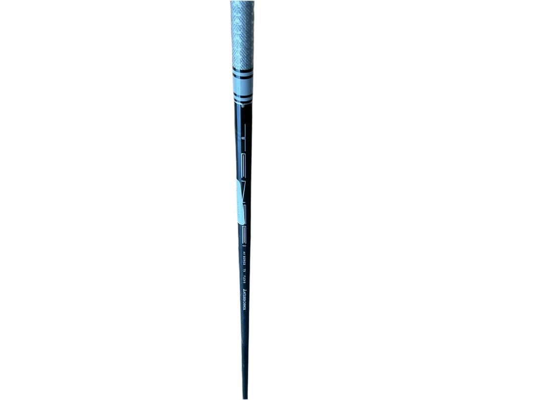 Blue and white golf club grip with textured pattern, likely made of rubber or similar material.