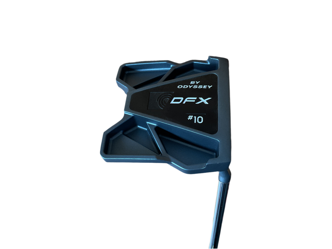 Blue odfx golf putter with black accents and a sleek design.