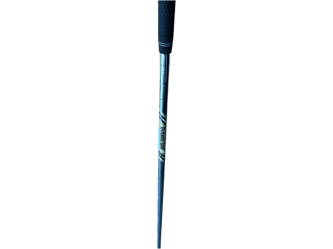 Black grip golf club with silver shaft and logo.